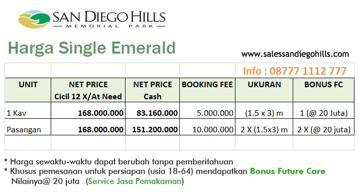 Harga Tipe Single dan pasangan di pemakaman Chinese Emerald san diego hills