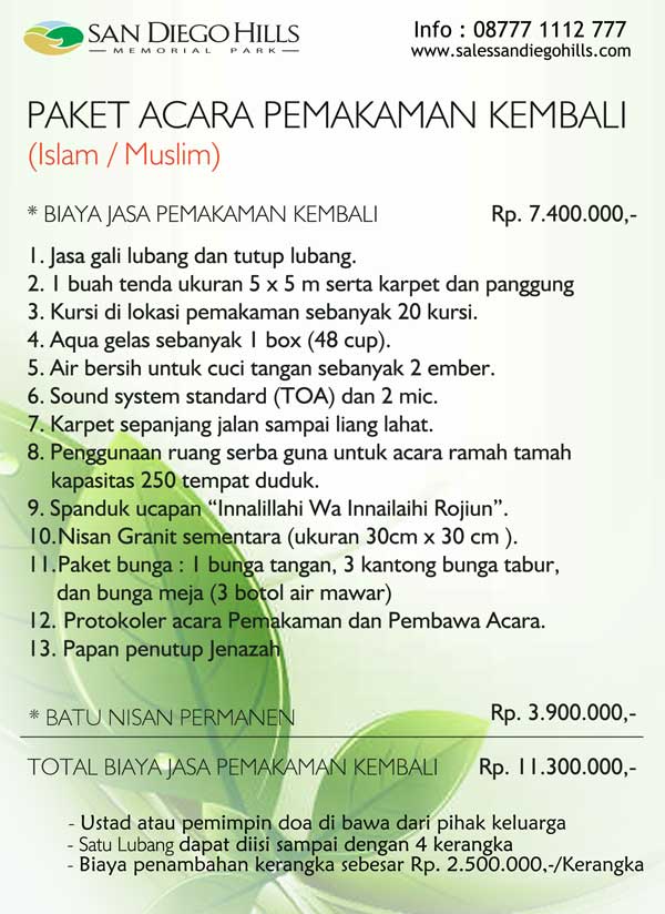 Biaya (harga)pemindahan makam di pemakaman san diego hills Islam