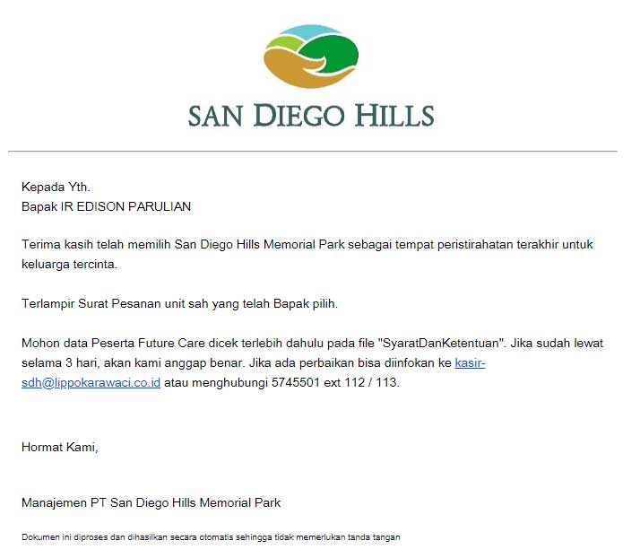 Notifikasi salam terima kasih memilih san diego hills memorial park